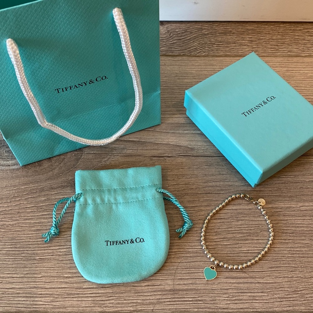 Tiffany & Co Silver Bead Bracelet Tiffany Blue enamel heart with Diamond